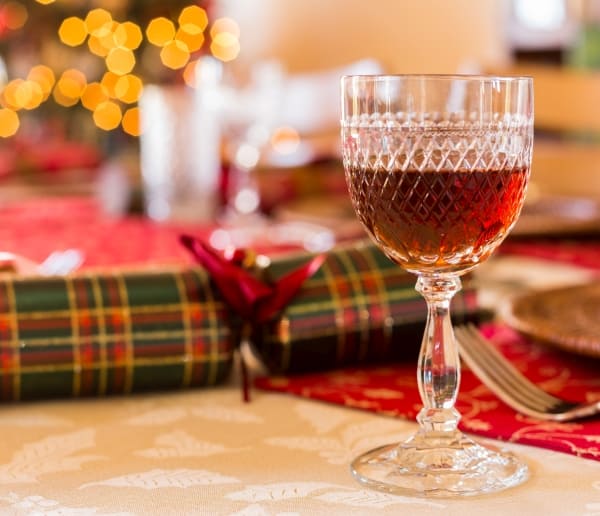 Christmas sherry in cut glass goblet on a table
