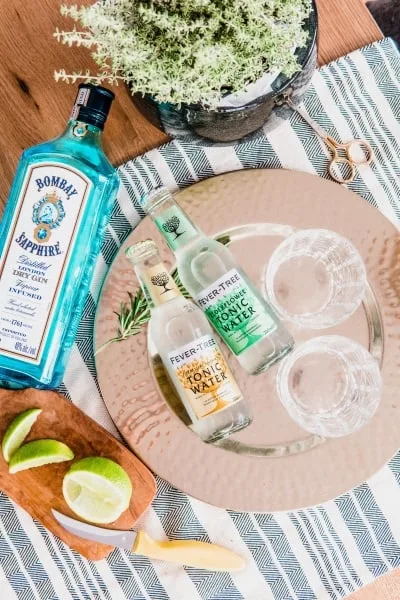 Bottle of gin and two botles of tonic