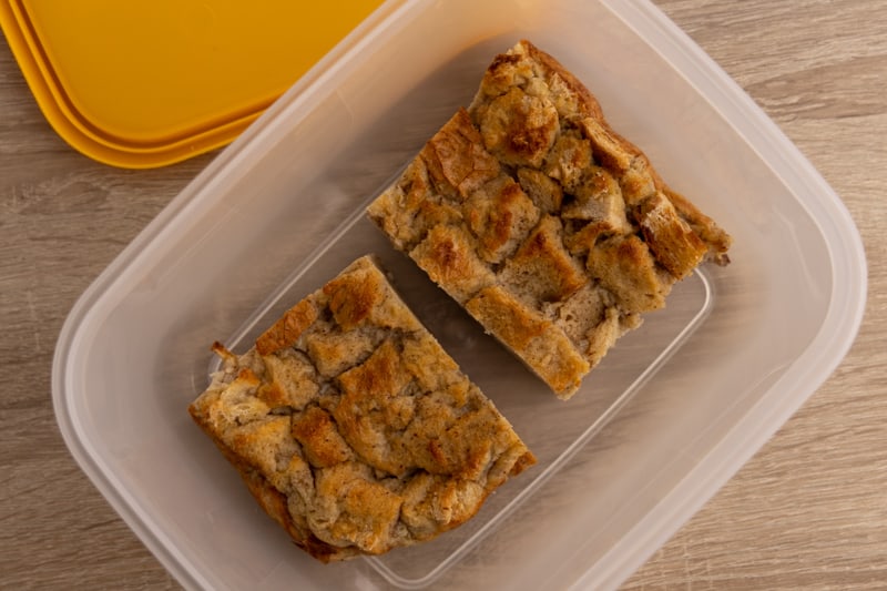 Bread pudding in storage container