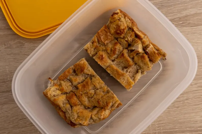 Bread pudding in storage container