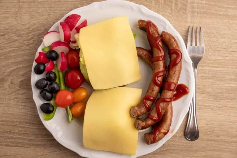 Breakfast with sausage and ketchup