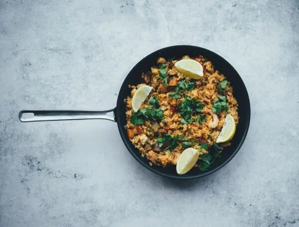 Cooked food on a frying pan