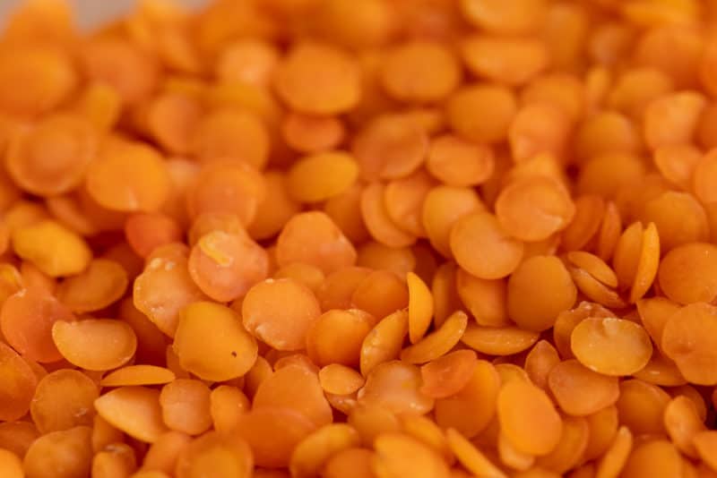 Dried red lentils closeup