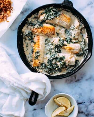 Fried salmon with greens