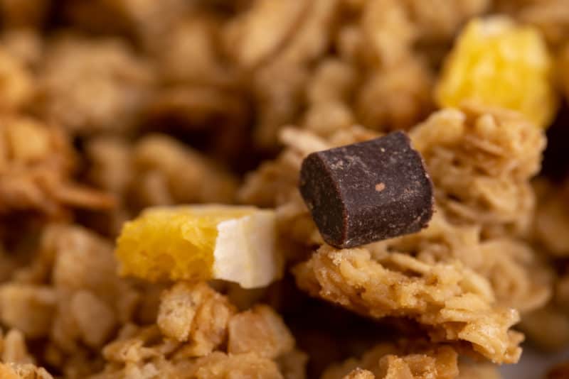 Granola closeup on dried fruit and chocolate