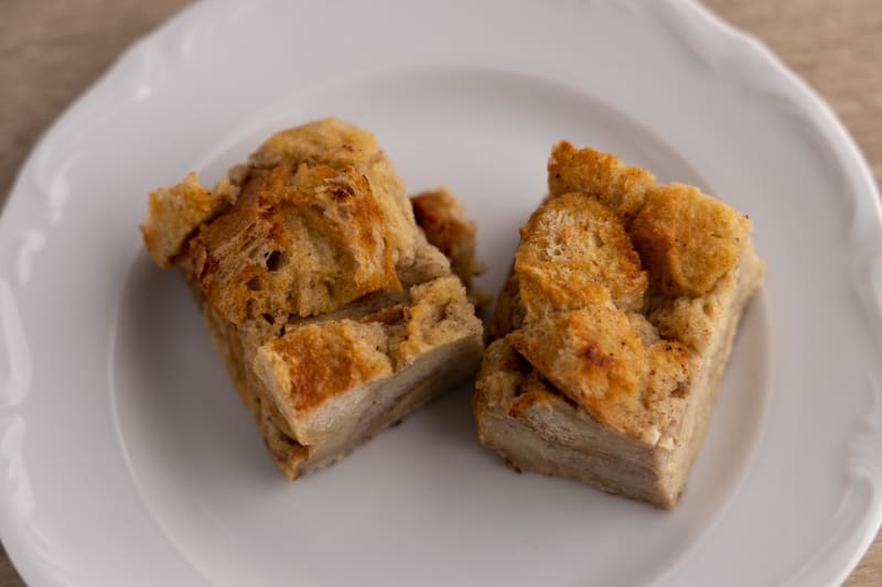 Two pieces of bread pudding